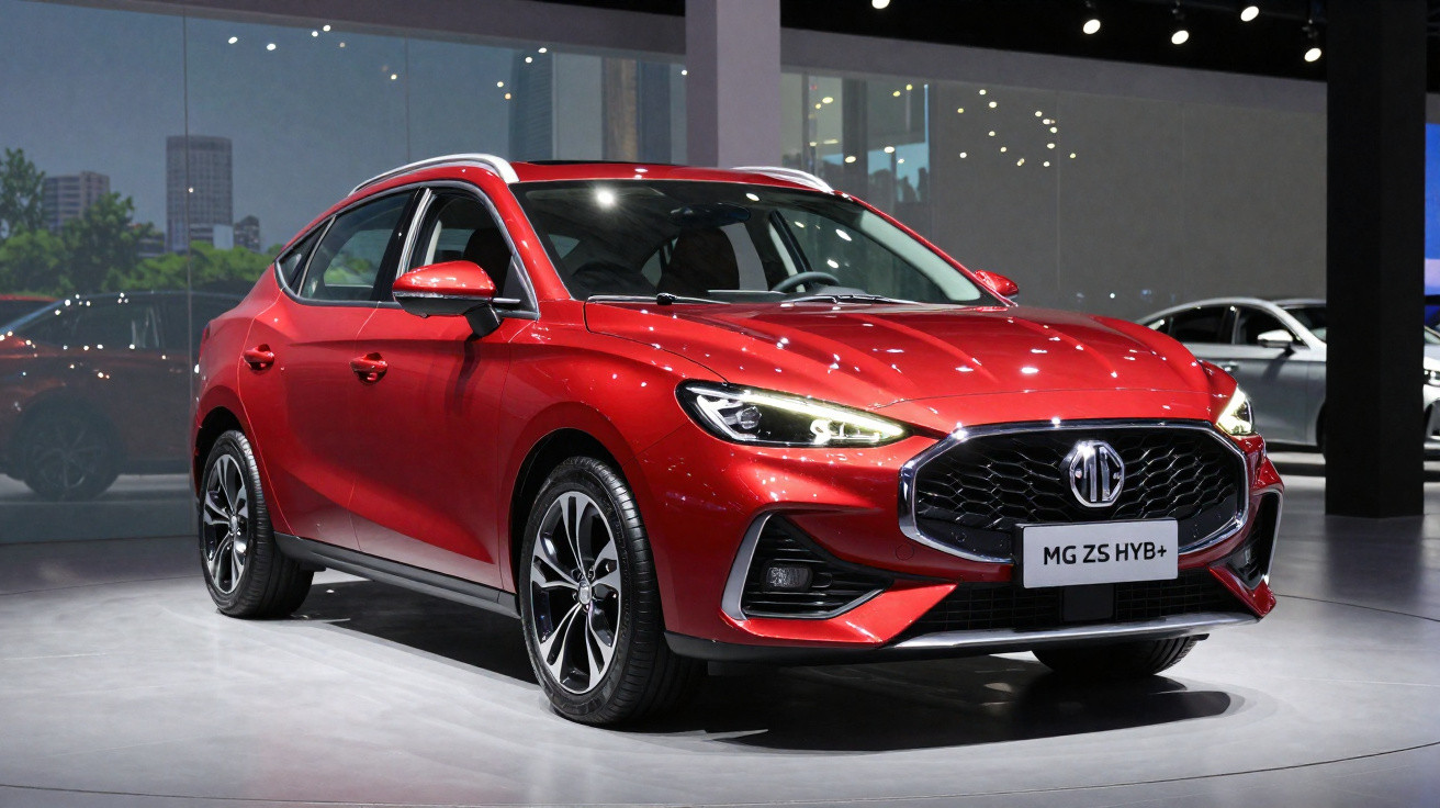 Carro sedã vermelho MG ZS HYB+ em exposição com iluminação interna e piso branco.