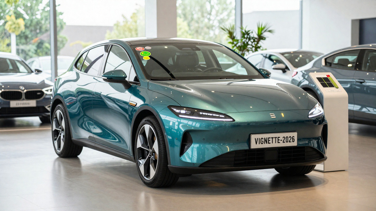Carro elétrico azul exposição em showroom com outros veículos ao fundo e placa personalizada VIGNETTE-2026.