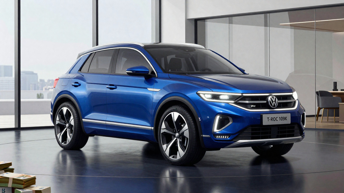 SUV Volkswagen T-Roc azul exposto em ambiente interno moderno com janelas grandes e piso refletivo.