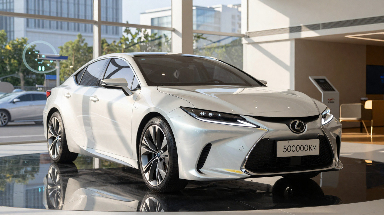 Carro sedan Lexus branco exibido em showroom moderno com placa 500000 KM.