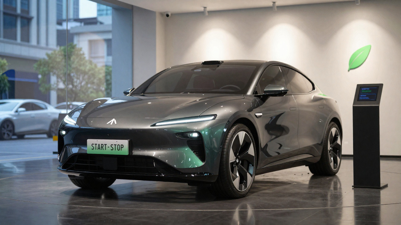 Carro elétrico moderno cinza escuro em exibição dentro de showroom com placa START-STOP.