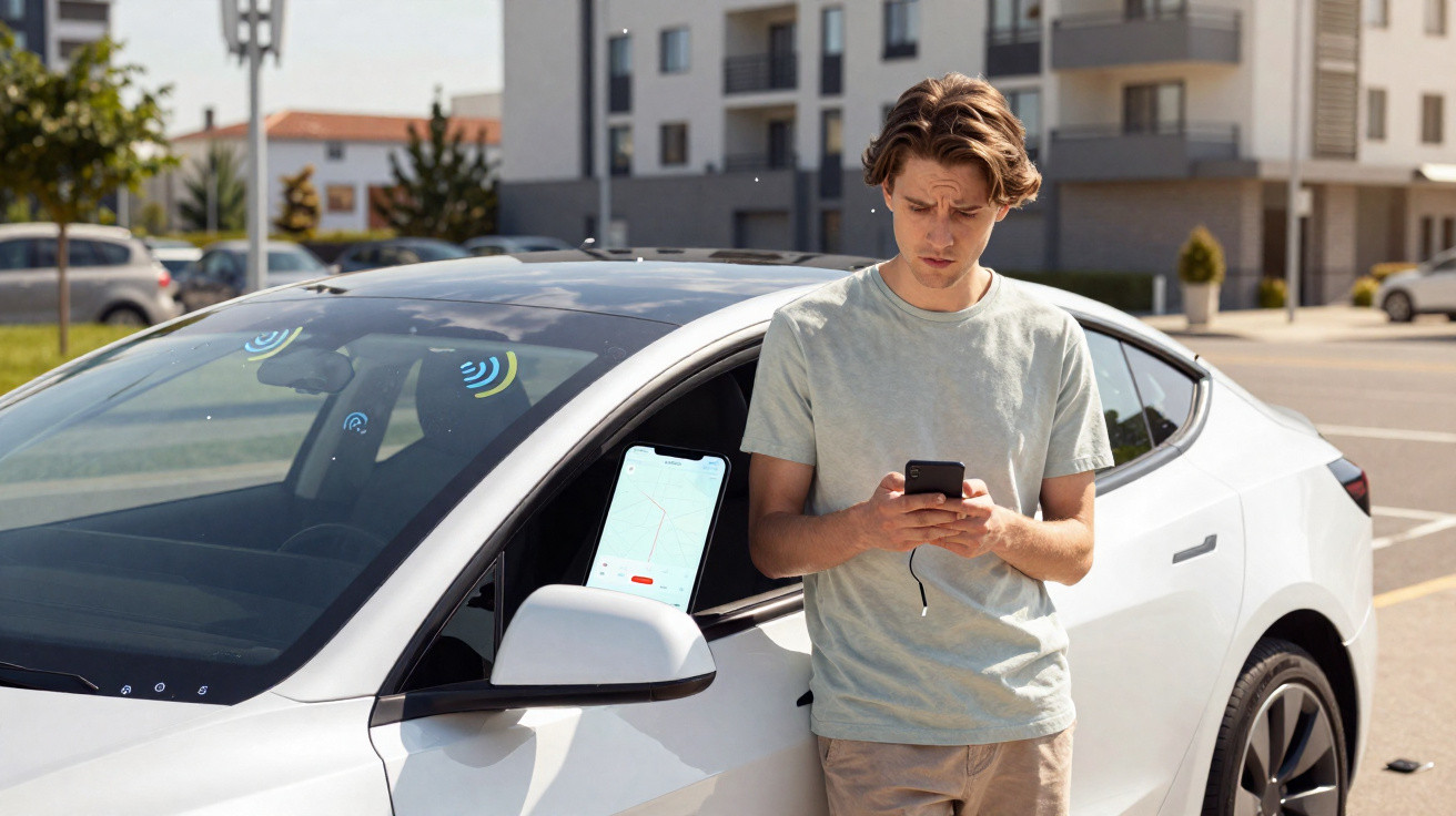 Homem jovem verifica celular ao lado de carro branco estacionado em área urbana com prédios ao fundo.