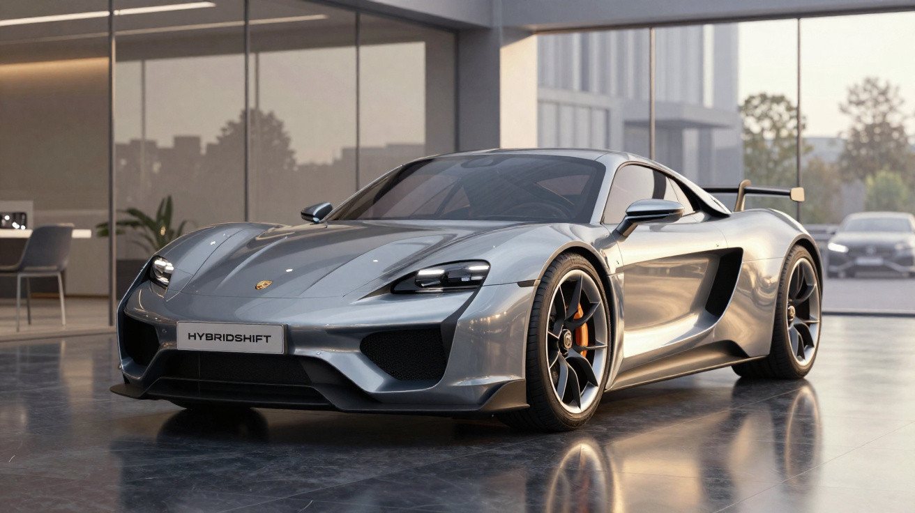 Carro esportivo prata Porsche híbrido estacionado em showroom com piso refletivo e ambiente moderno.