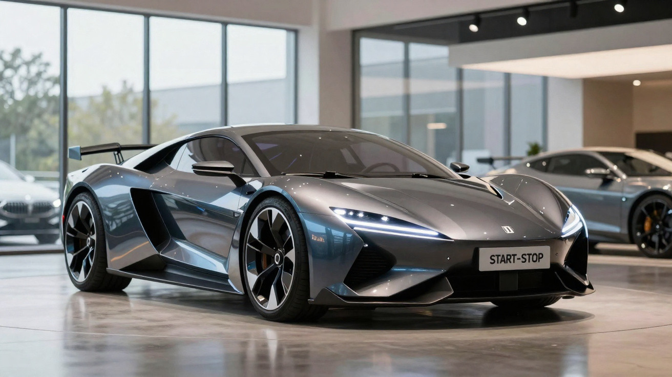 Carro esportivo cinza prateado com design aerodinâmico em showroom moderno sob luz natural.
