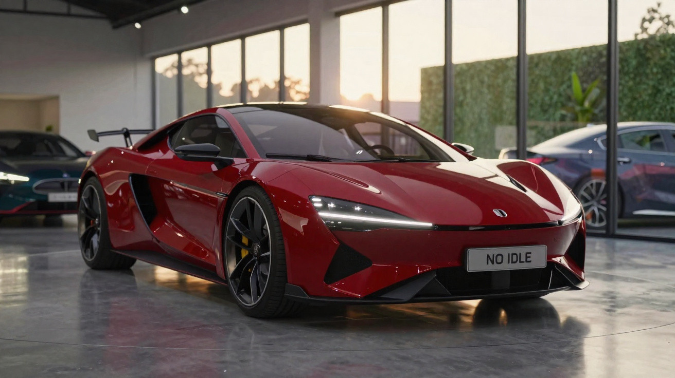 Carro esportivo vermelho estacionado em showroom moderno com grandes janelas e piso de concreto polido.