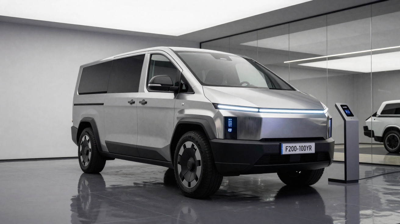 Van elétrica prata futurista estacionada em ambiente interno moderno com parede espelhada ao fundo.