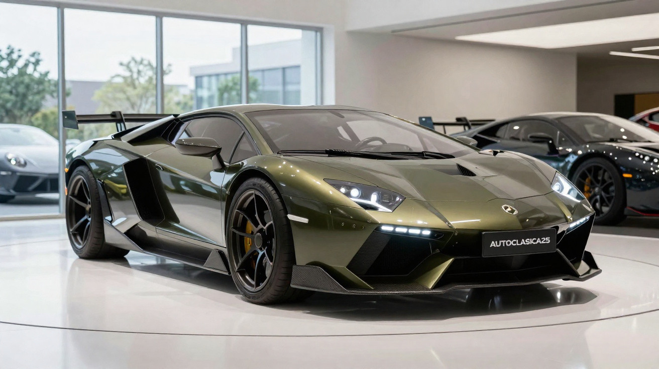 Carro esportivo verde metálico exibido em salão de automóveis com outras máquinas ao fundo.