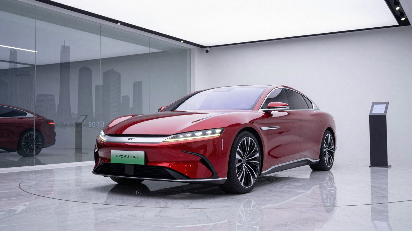 Carro elétrico vermelho BYD Futuric exibido em ambiente moderno e minimalista com piso espelhado.
