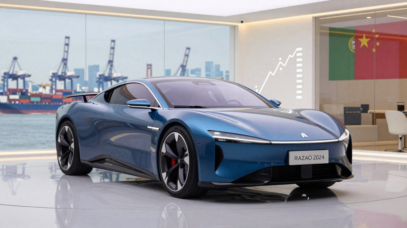 Carro esportivo azul Razão 2024 exposto em showroom moderno com vista para porto com contêineres.