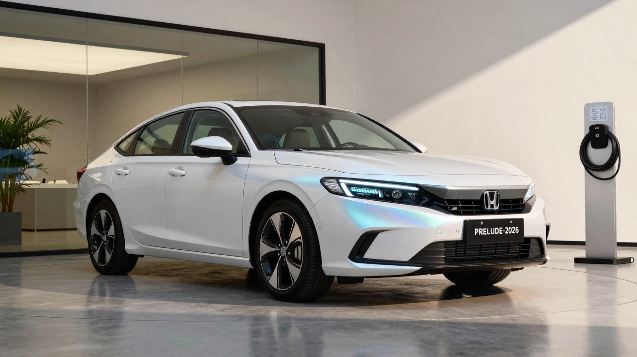 Carro elétrico branco Honda Prelude 2026 estacionado ao lado de estação de recarga em ambiente moderno.