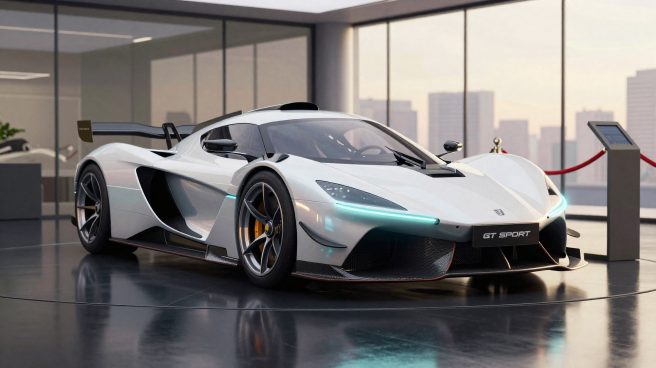 Carro esportivo branco GT Sport em exposição interna com janelas grandes ao fundo.