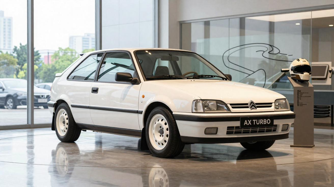 Carro branco Citroën AX Turbo exposto em ambiente interno com piso refletivo e capacete ao lado.