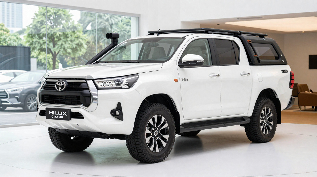Picape Toyota Hilux Champ branca em showroom moderno com rodas pretas e equipamentos off-road.