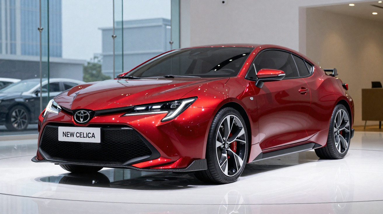 Carro esportivo vermelho Toyota New Celica em exposição interna com rodas de liga leve e design moderno.