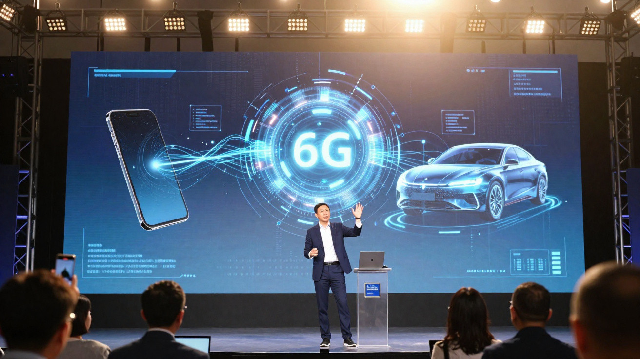 Apresentador em palco fala sobre tecnologia 6G com painel mostrando smartphone e carro conectados.
