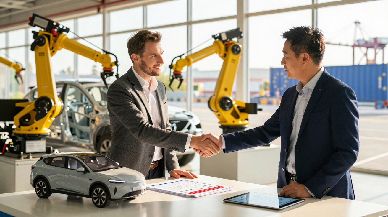 Dois homens apertando as mãos em uma fábrica de automóveis com braços robóticos no fundo.