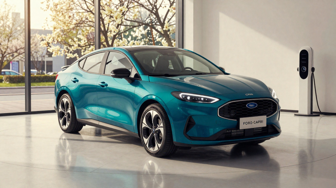 Carro elétrico Ford Capri azul em ambiente interno com estação de recarga ao fundo e árvores visíveis pela janela.