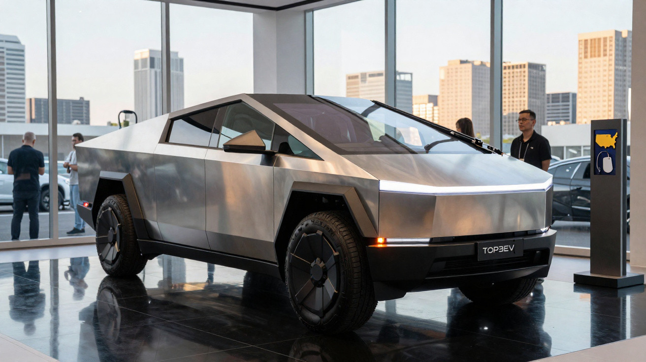 Carro elétrico futurista prata com design angular exposto em showroom com janelas grandes.