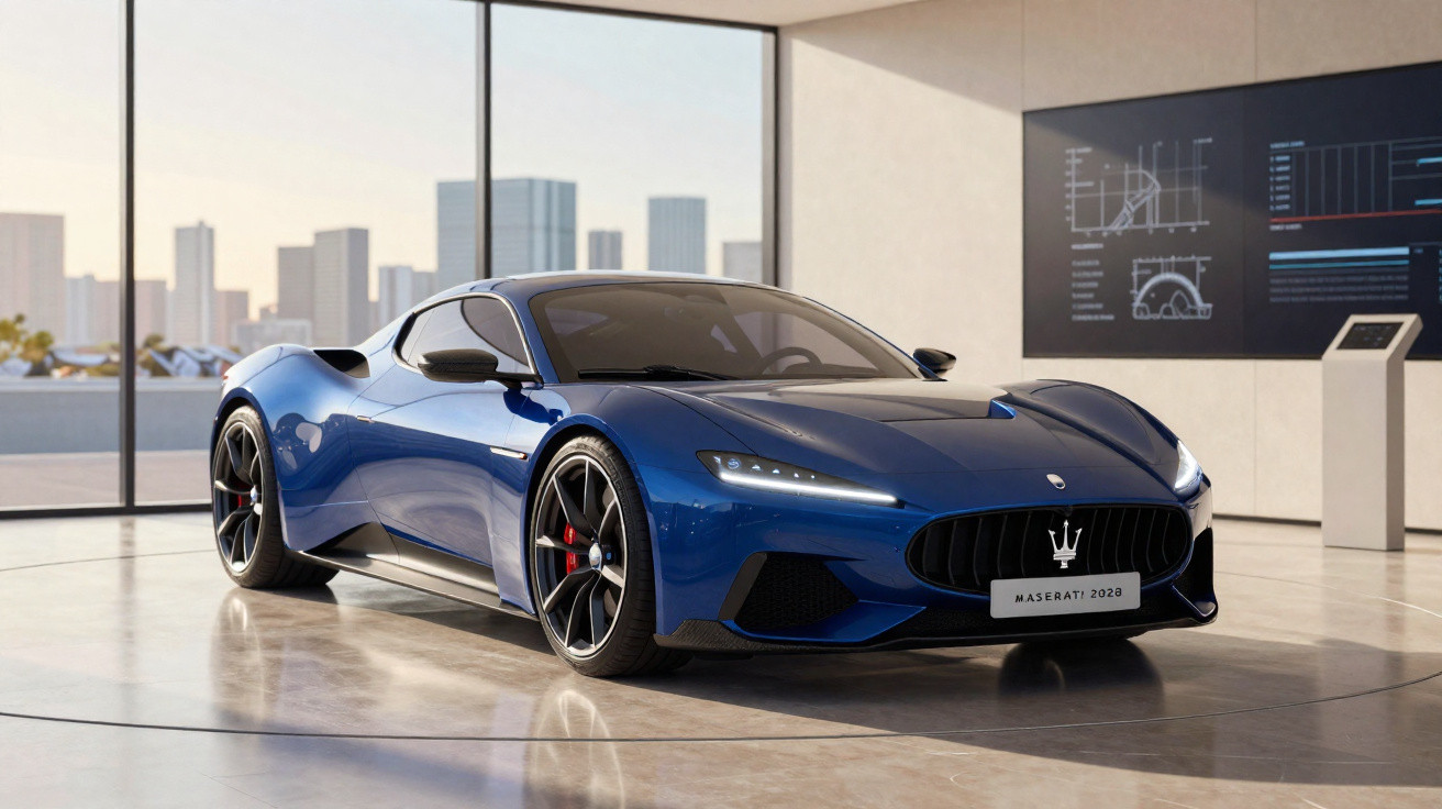 Carro esportivo azul Maserati 2020 em showroom moderno com paredes de vidro e gráficos na tela.