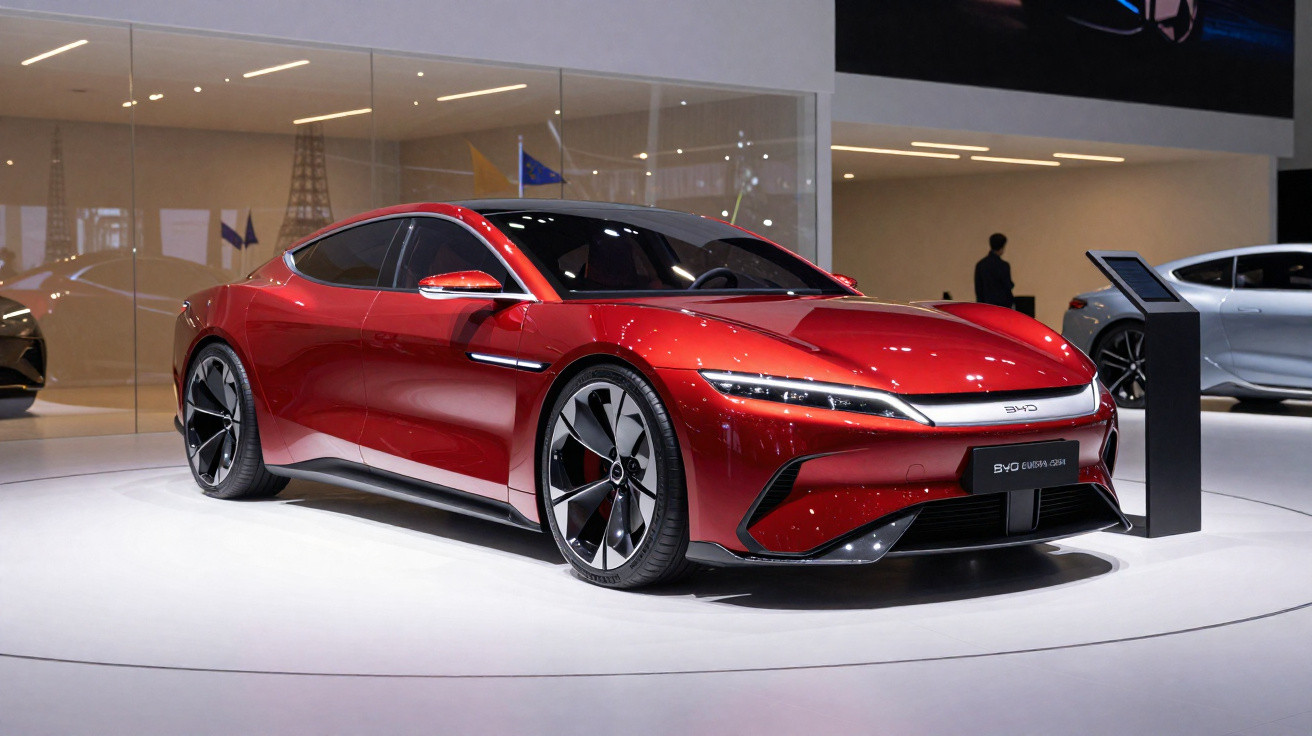 Carro esportivo elétrico vermelho em exposição sob luzes brancas com detalhes aerodinâmicos modernos.