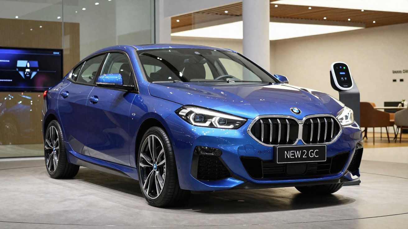 Carro BMW azul elétrico modelo NEW 2 GC estacionado em showroom moderno e iluminado.