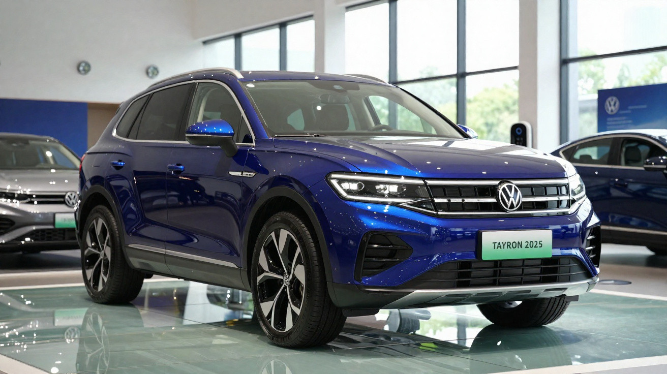 Carro SUV Volkswagen Tayron 2025 azul em exposição dentro de showroom moderno com luz natural.