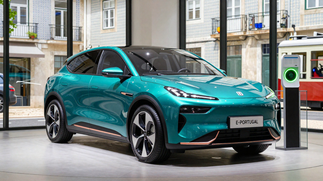 Carro elétrico verde azul em exposição interna com estação de carregamento ao lado e prédio ao fundo.