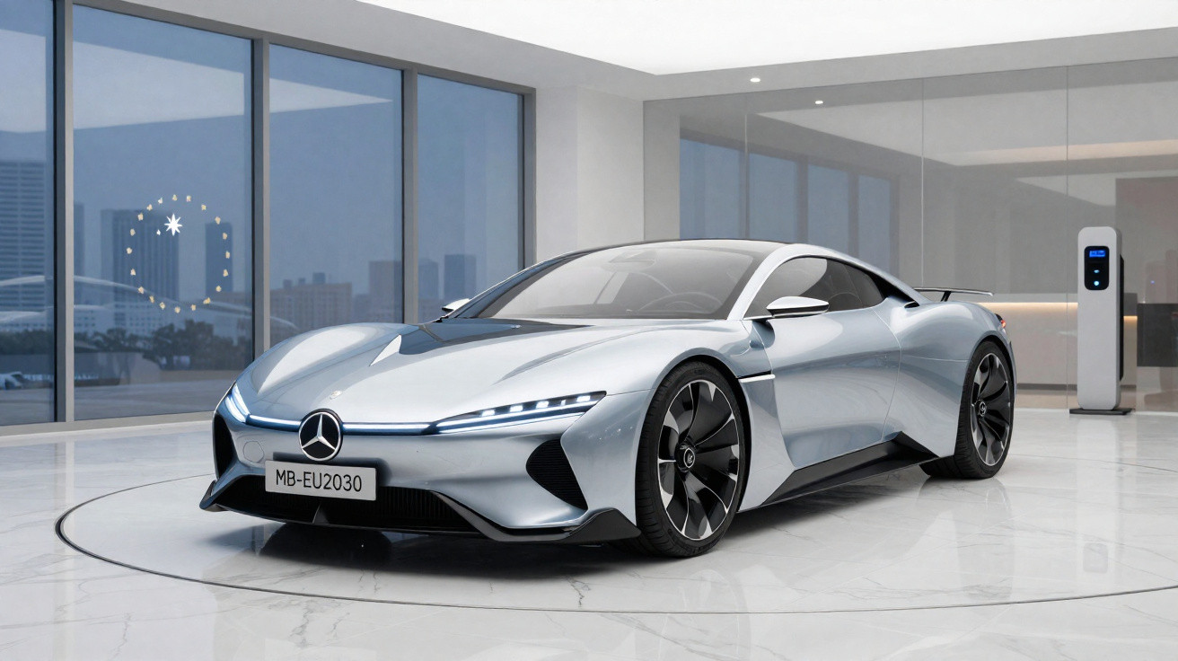 Carro esportivo elétrico prata Mercedes-Benz futurista estacionado em showroom com grandes janelas.