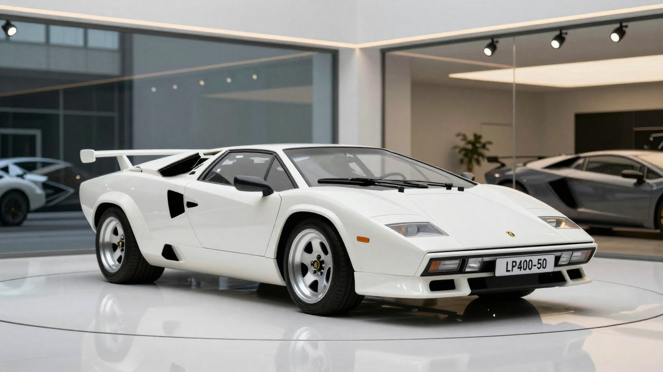 Carro esportivo Lamborghini branco modelo LP400-50 exibido em ambiente interno moderno.