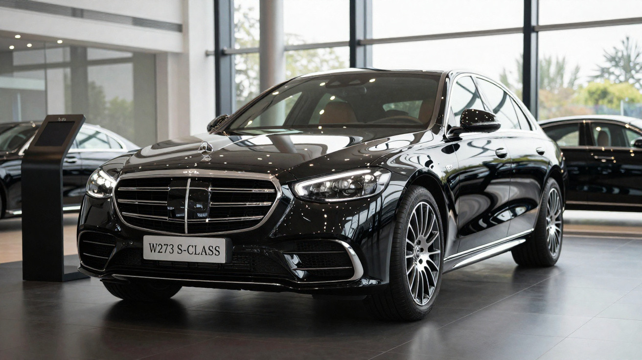 Carro preto Mercedes-Benz S-Class W273 exibido em showroom moderno e iluminado.