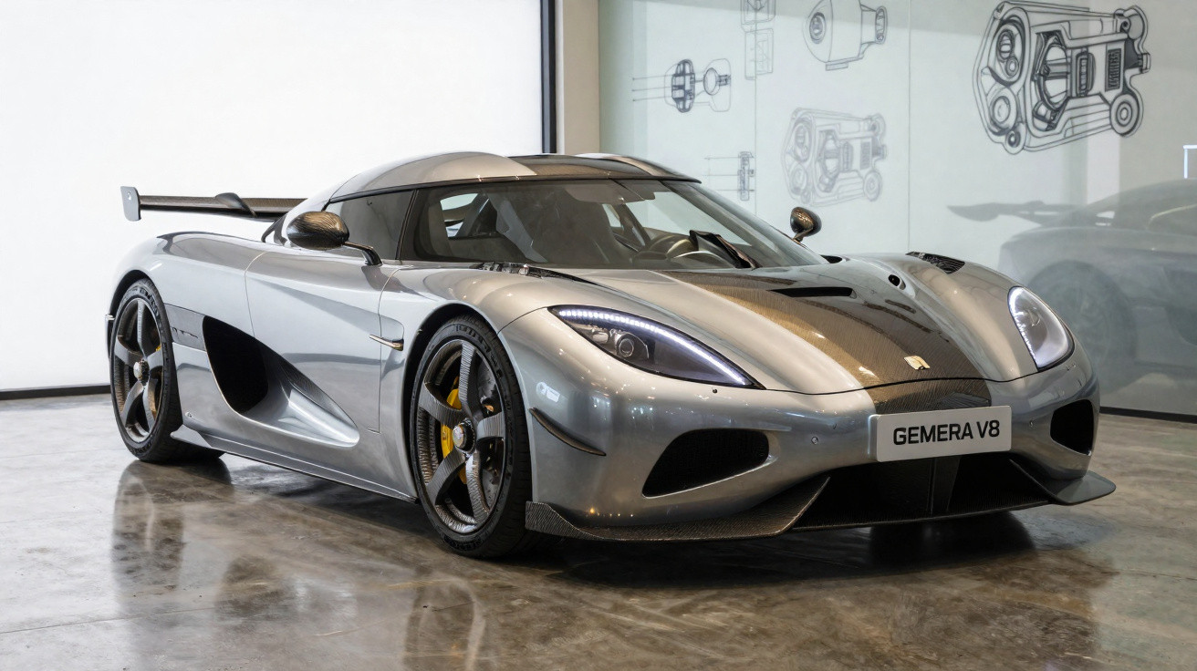 Carro esportivo prata Koenigsegg Gemera V8 estacionado em piso brilhante com desenhos técnicos ao fundo.