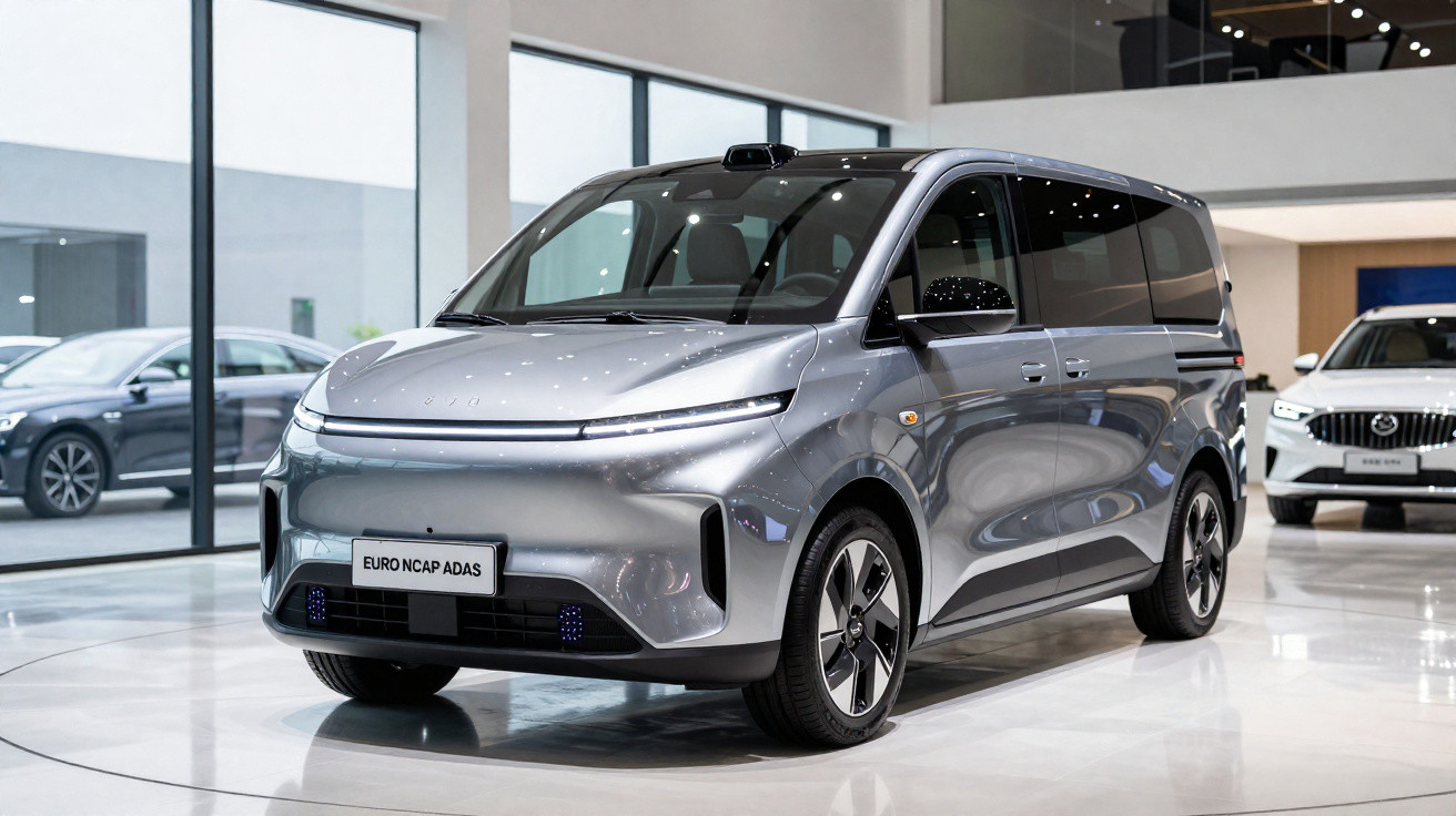 Carro elétrico prata moderno em showroom com vidro amplo e outros veículos ao fundo.