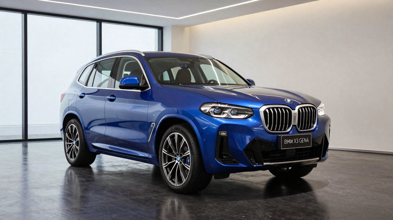 Carro SUV BMW X3 GEN4 azul estacionado em ambiente interno com piso escuro e parede branca.