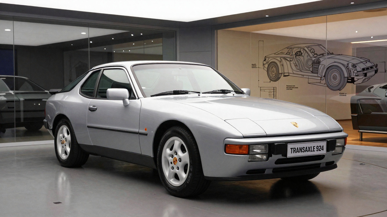 Carro esportivo Porsche 924 prata exposto em museu com desenho técnico ao fundo.