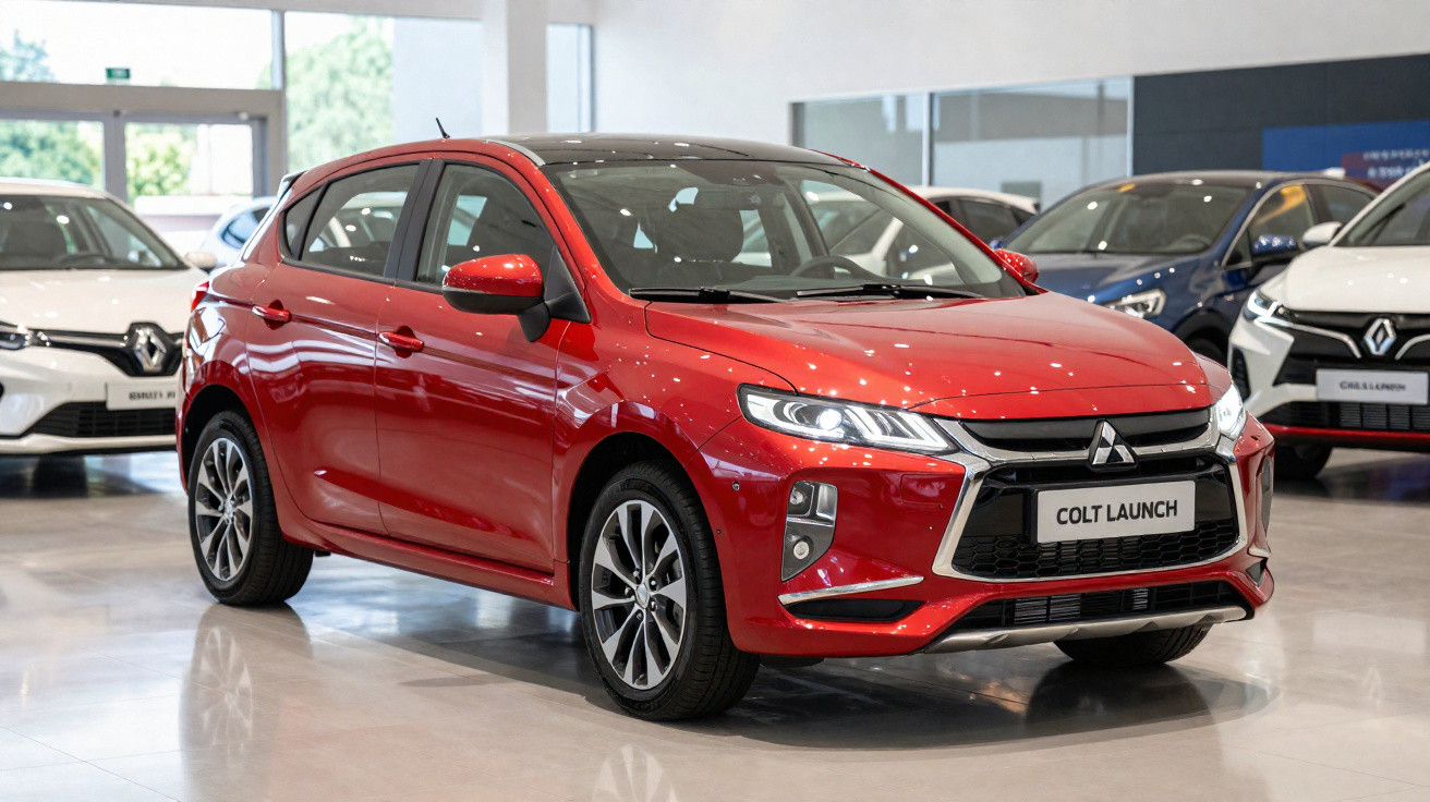 Carro hatchback vermelho Mitsubishi Colt Launch exposto em concessionária, com outros carros ao fundo.
