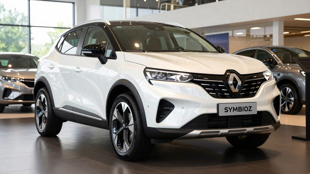 Carro SUV branco Renault Symbioz exposto em showroom moderno com vidro e outros veículos ao fundo.