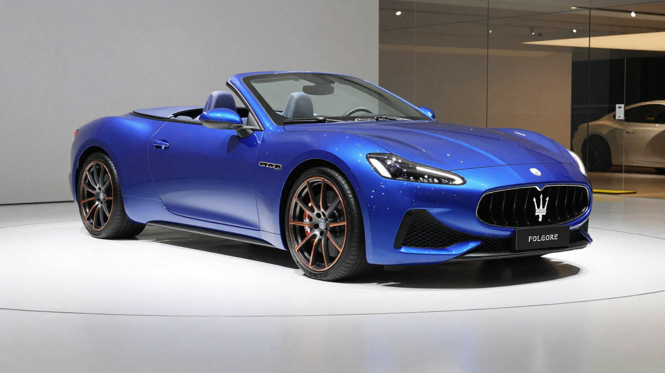 Carro esportivo conversível azul Maserati Folgore em exposição sobre plataforma branca.