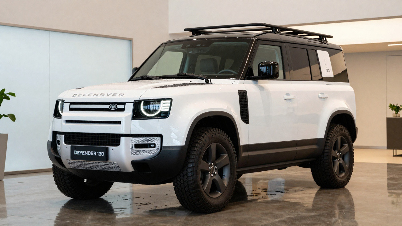 Carro SUV Land Rover Defender 130 branco com teto preto, rodas pretas e faróis de LED, em showroom.