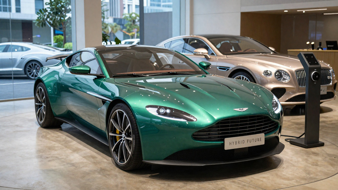 Carro esportivo verde híbrido Aston Martin em exibição, com carro de luxo ao fundo em showroom.