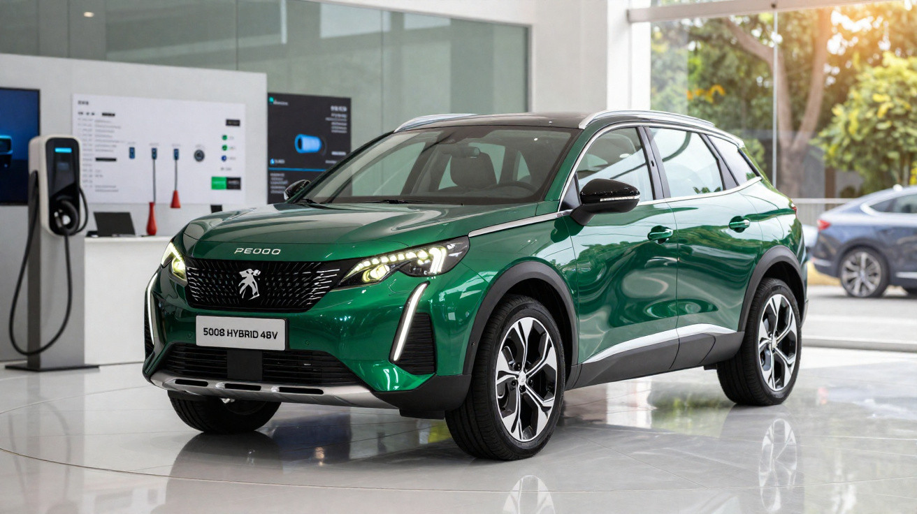 Carro SUV verde Peugeot 5008 Hybrid 48V exposto em showroom moderno com paredes de vidro.