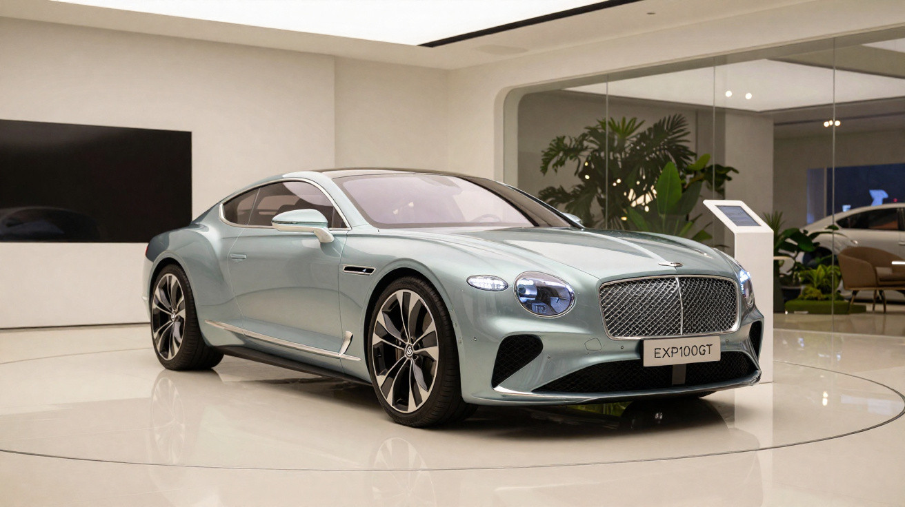 Carro esportivo Bentley EXP100GT prata em exposição interna com rodas pretas e detalhes cromados.