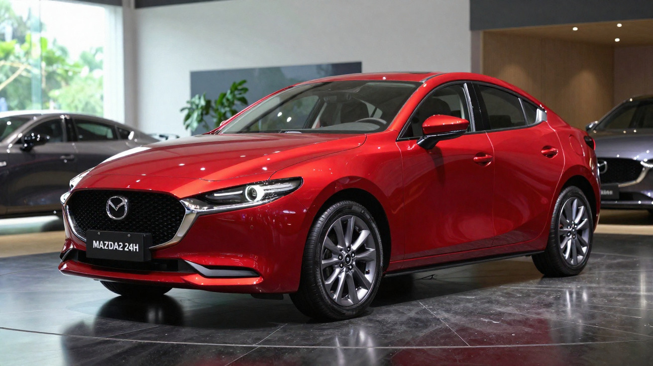 Carro Mazda 2 vermelho brilhante em exposição interna com iluminação suave no teto.