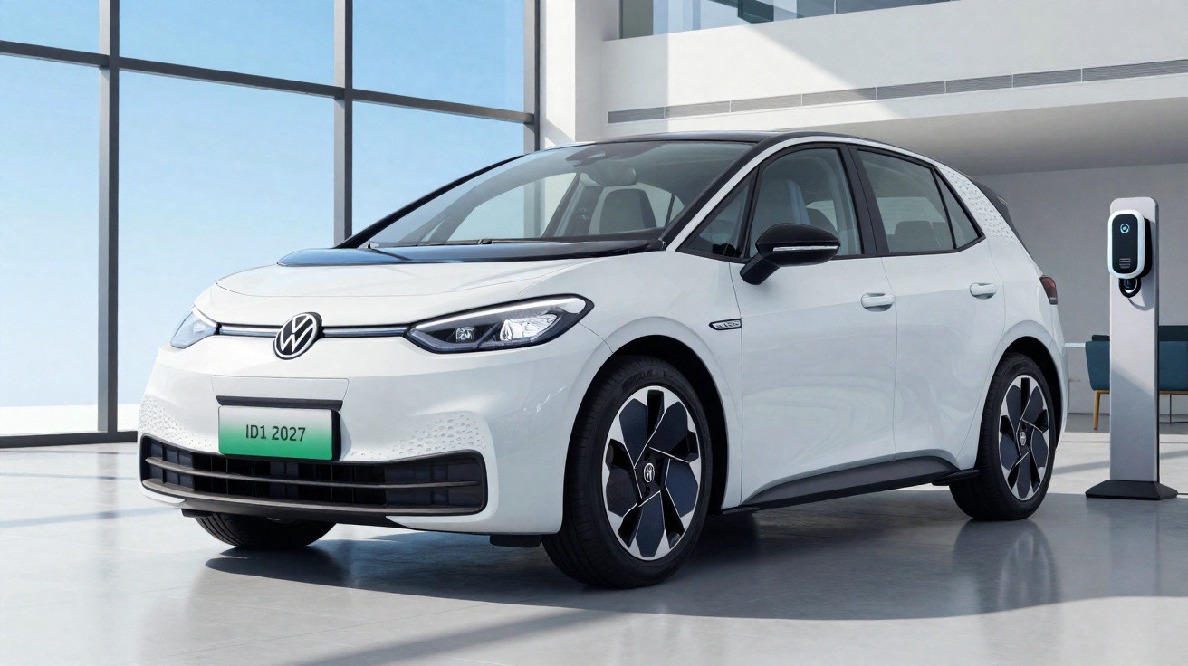 Carro elétrico branco Volkswagen ID.1 2027 estacionado em ambiente moderno com carregador elétrico.