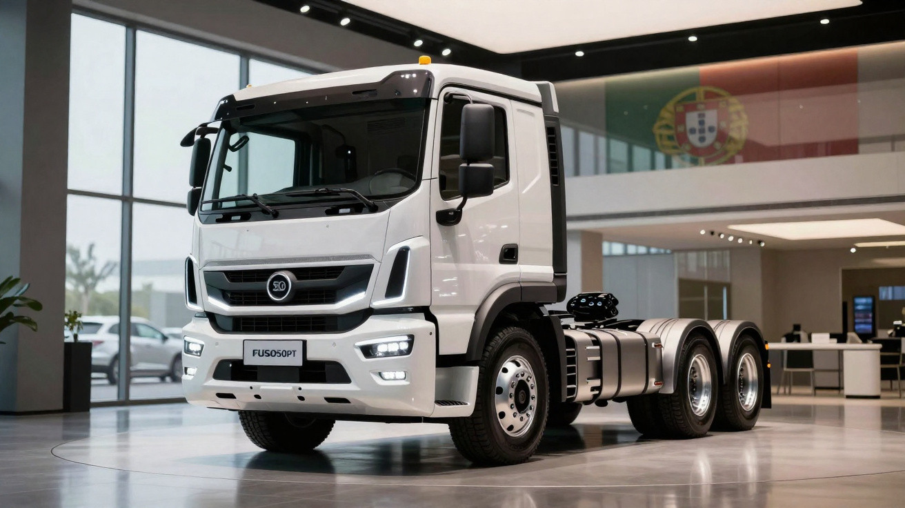 Caminhão branco Fuso 6x4 exposto em showroom moderno com bandeira de Portugal ao fundo.
