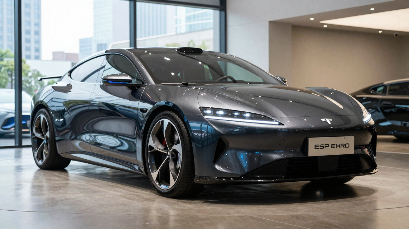 Carro elétrico esportivo cinza escuro modelo Tesla estacionado em showroom moderno com grandes janelas.