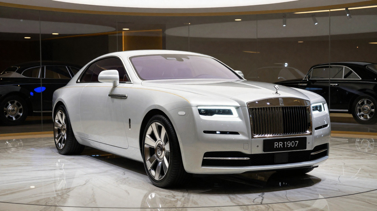 Carro de luxo branco Rolls-Royce em exibição em ambiente interno com piso de mármore.