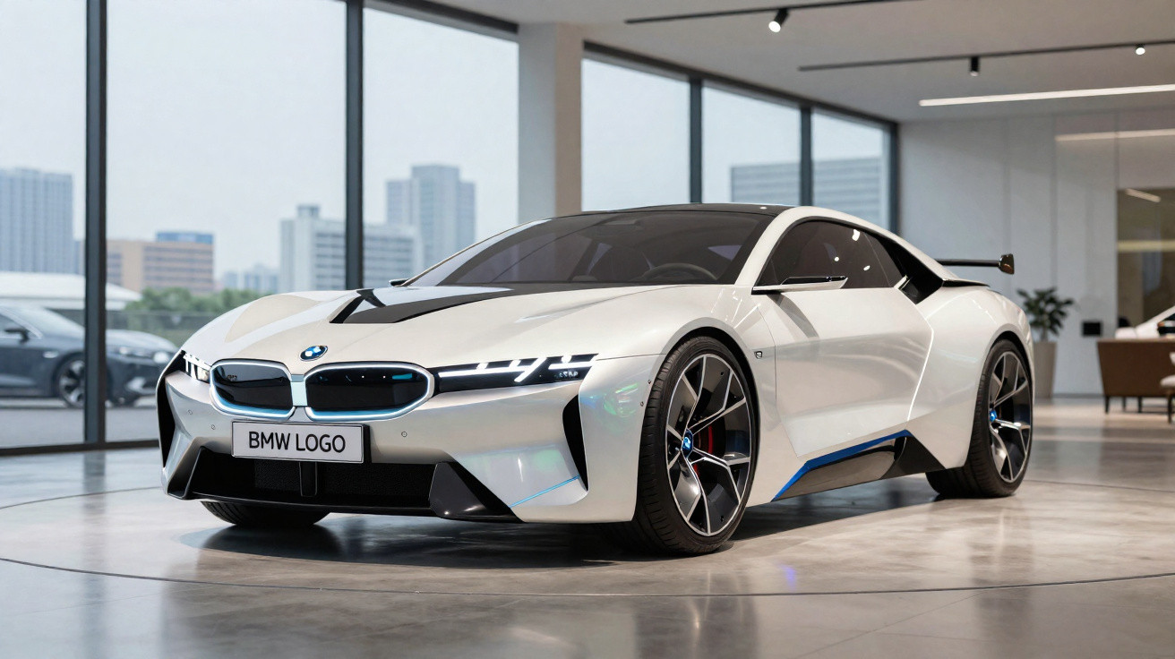 Carro esportivo branco BMW estacionado em showroom com fundo de janelas e prédios urbanos.