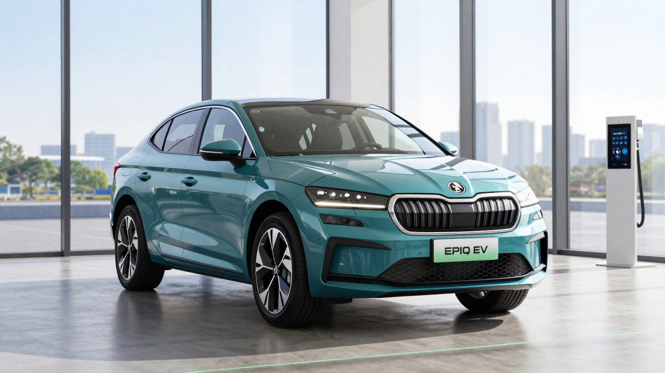 Carro elétrico verde Skoda EPIQ EV estacionado em showroom moderno com estação de recarga.