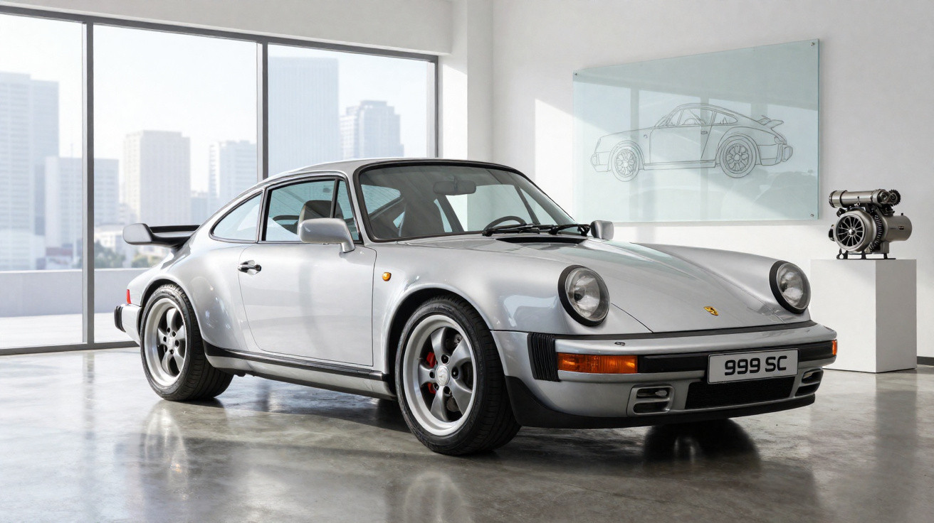 Carro esportivo Porsche 911 prata em exposição moderna com grande janela e desenho do carro na parede.