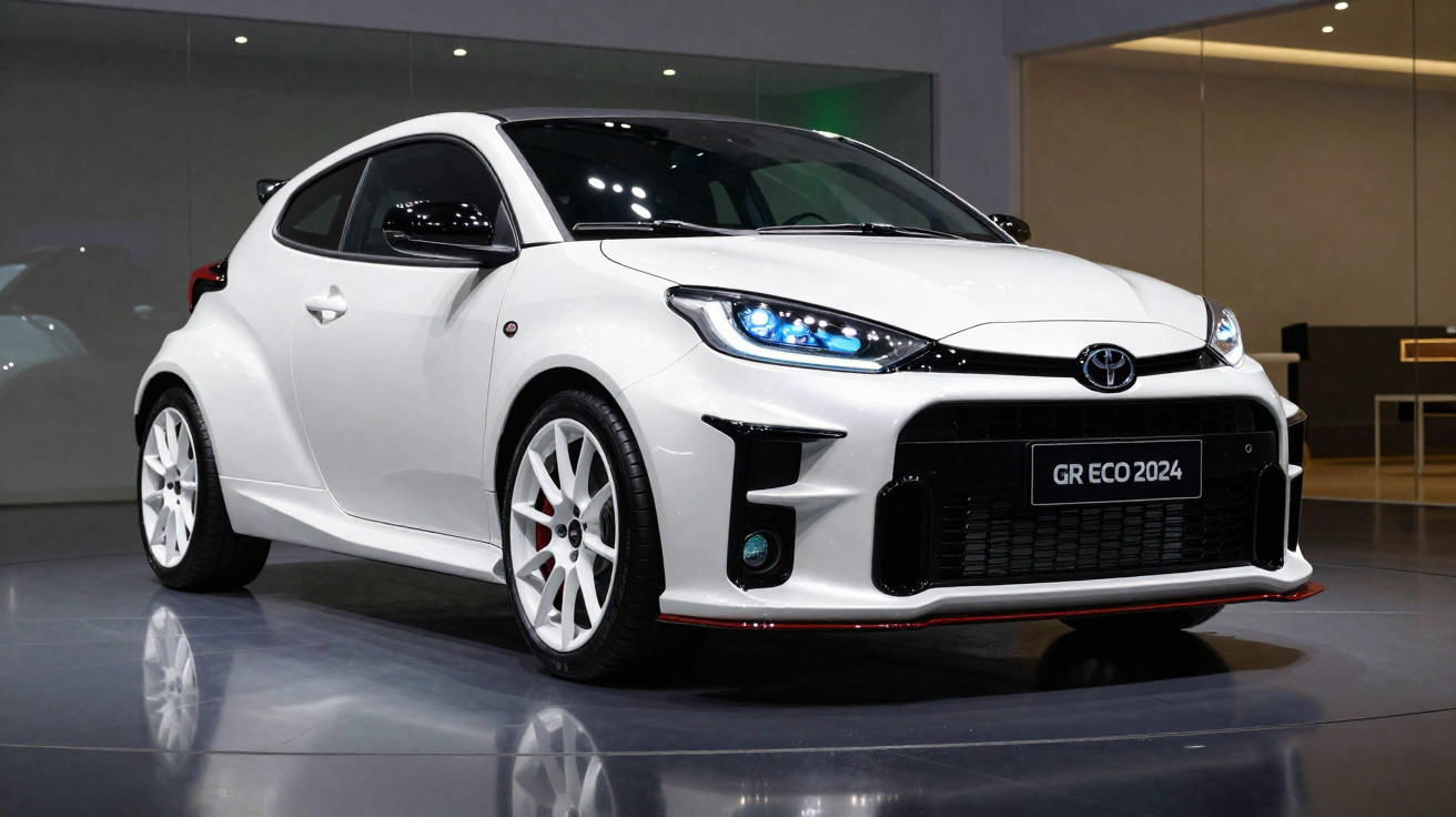Carro esportivo branco Toyota GR ECO 2024 em estande com iluminação interna moderna.